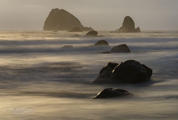 Late-afternoon light on rocks and the Pacific Ocean, Redwood NP, CA, USA
