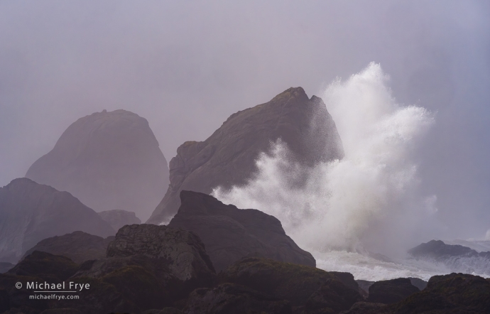 Rocks and crashing wave, northern California, USA