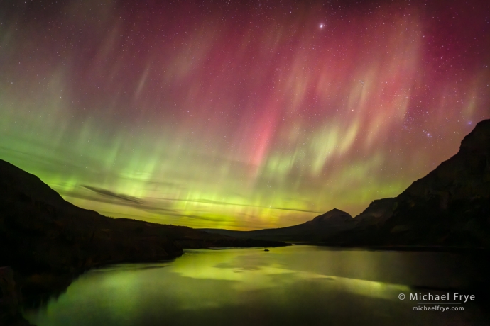 Aurora looking east from St. Mary Lake, Glacier NP, MT, USA