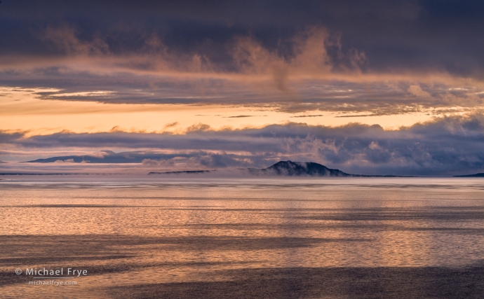 Negit Island with fog at sunrise, Mono Lake, CA, USA