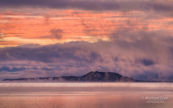 Fog and Negit Island, sunrise, Mono Lake, CA, USA