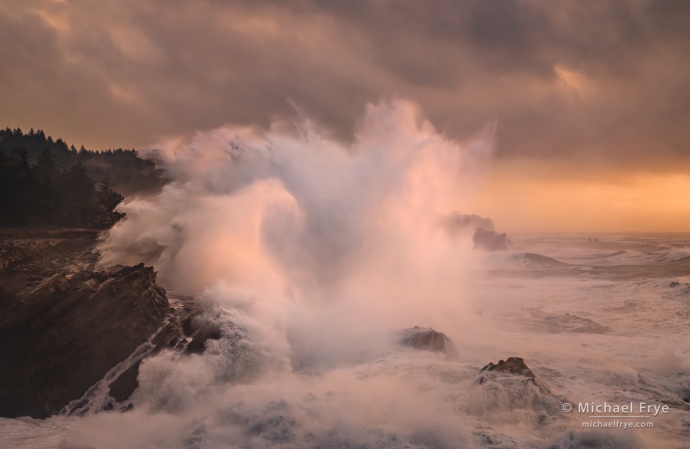 Wave splash at sunset, Oregon Coast, USA