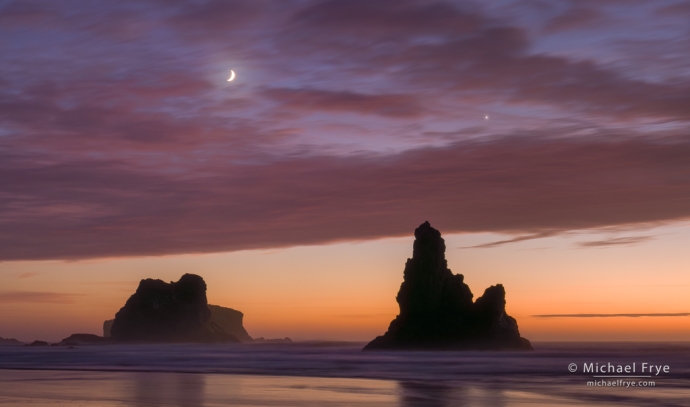 28. Moon, Venus, and sea stacks at sunset, Oregon coast, USA