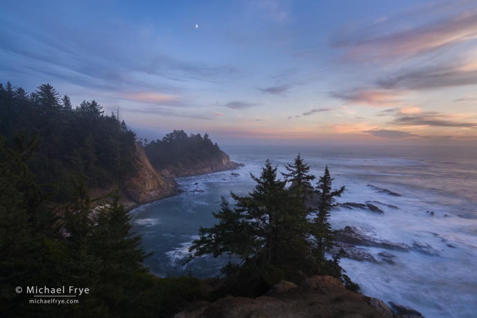 Moon at sunset, Oregon coast, USA