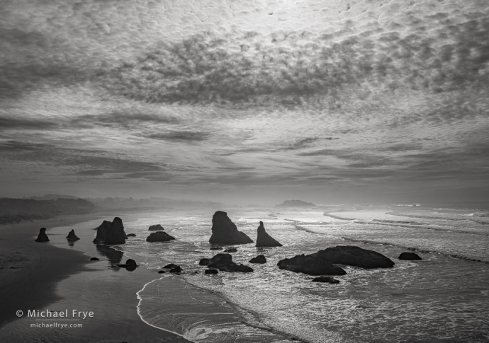 Clouds, sunlight, and sea stacks, Oregon coast, USA