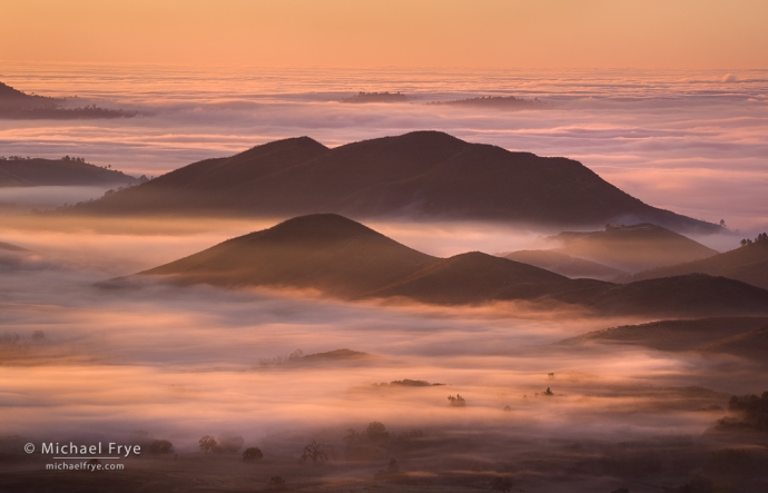 Fog over the Central Valley and Sierra Nevada foothills at sunrise, CA, USA