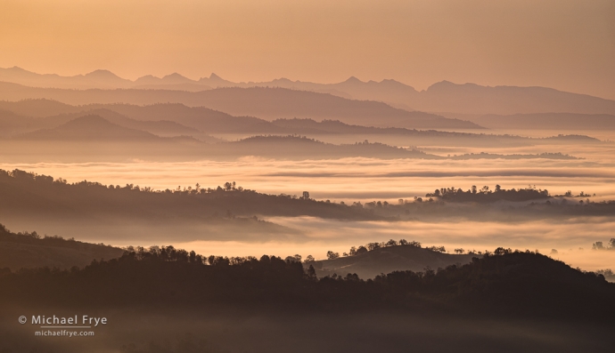 Fog, hills, and distant peaks, Sierra Nevada, CA, USA