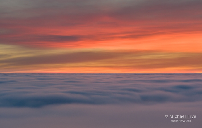 Fog over the Central Valley at sunset, Sierra Nevada foothills, CA, USA