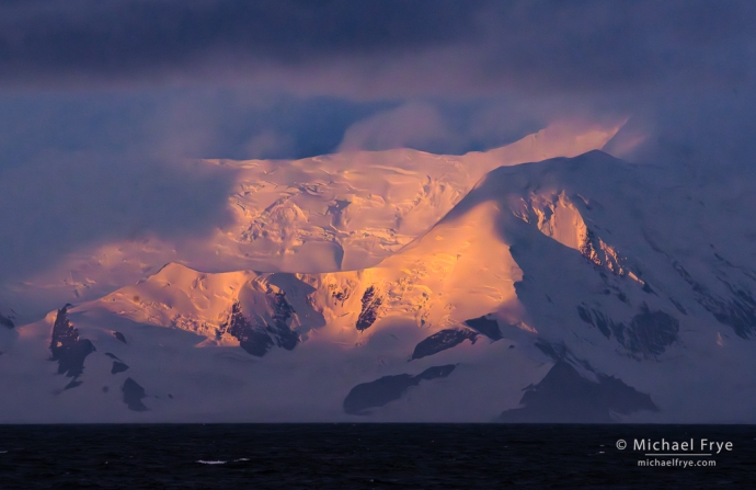 Ice-covered mountains at sunset, South Shetland Islands