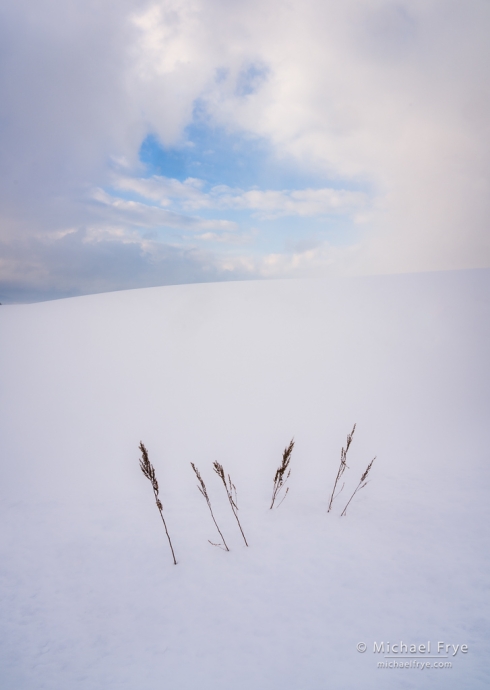 Grass, snow, and clouds, Hokkaido, Japan